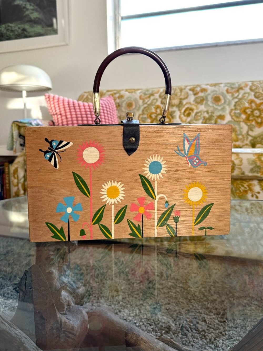 Vintage Floral Wooden Box Purse Folk Art Handbag